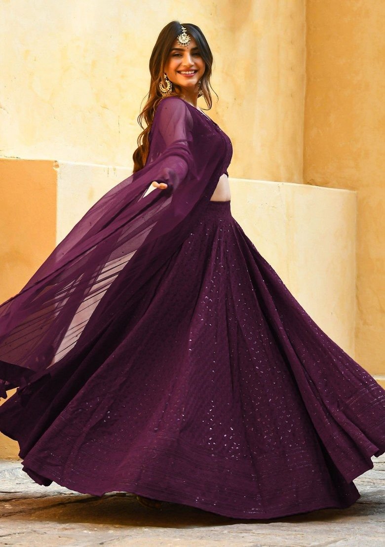 Purple Embroidered Georgette Lehenga Set With Dupatta - Image 2