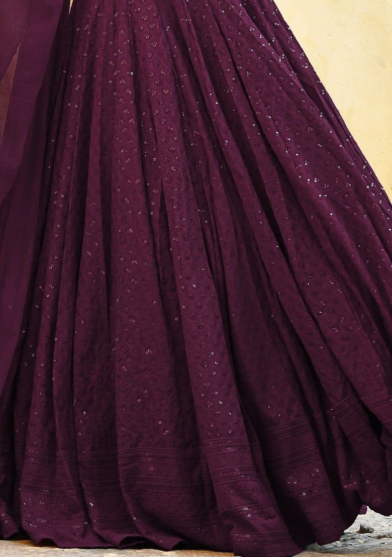 Purple Embroidered Georgette Lehenga Set With Dupatta - Image 3
