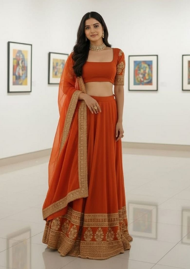 Fenta Orange Sequence Embroidery Work Faux Georgette Lehenga Set - Image 2