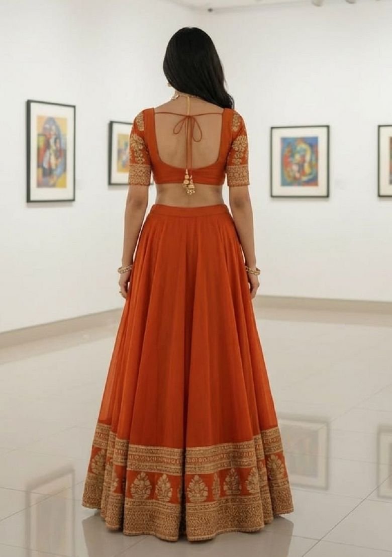 Fenta Orange Sequence Embroidery Work Faux Georgette Lehenga Set - Image 3