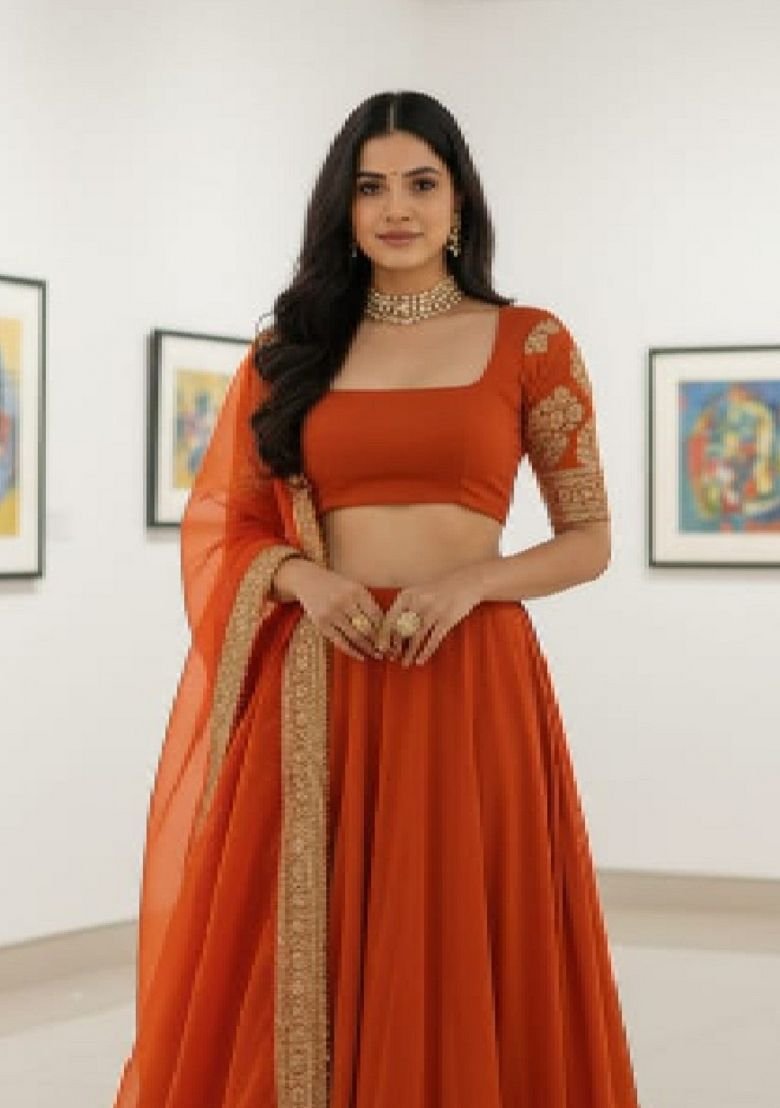 Fenta Orange Sequence Embroidery Work Faux Georgette Lehenga Set - Image 4
