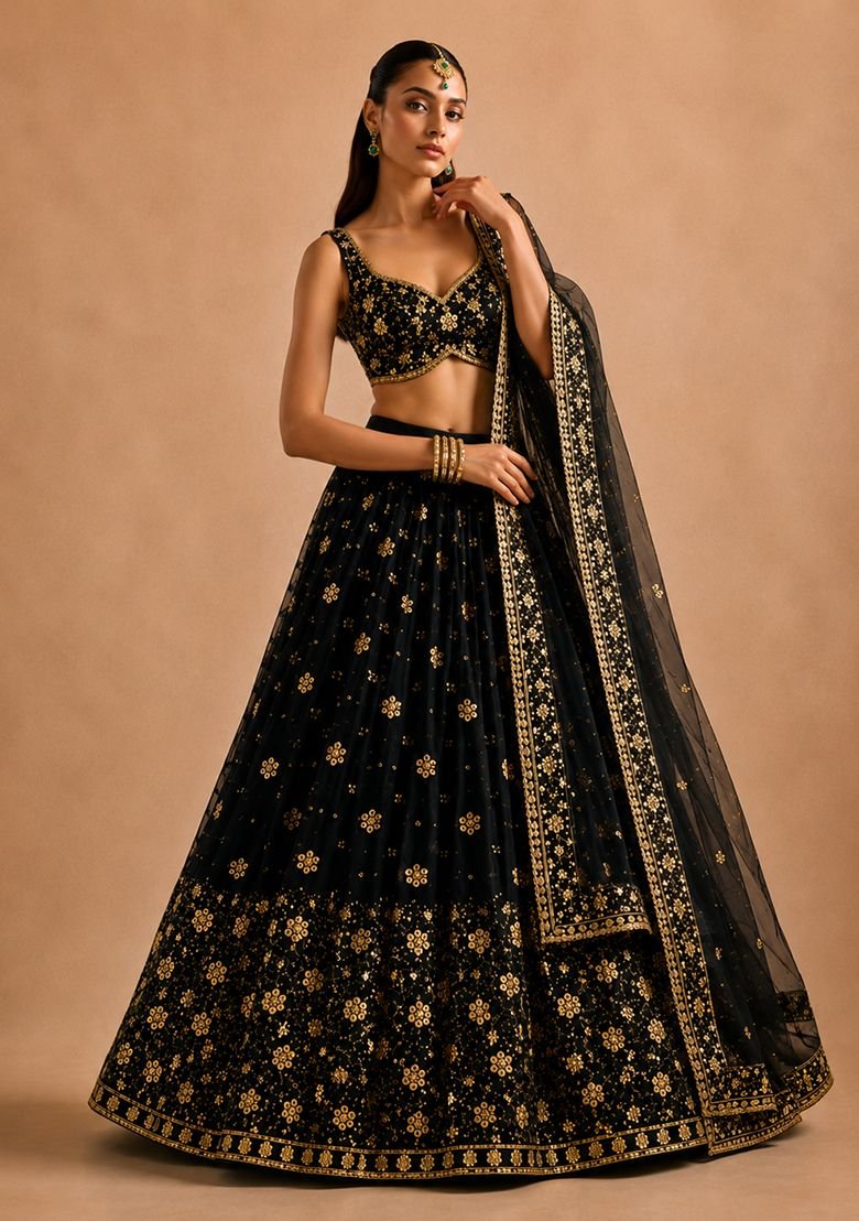 Black Embellished Georgette Lehenga Set - Image 2