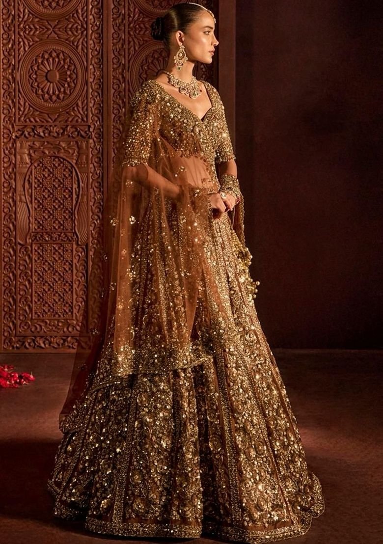 Brown Sequin Work Net Lehenga Set - Image 3