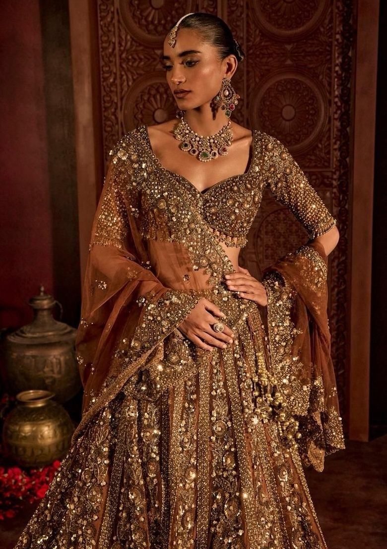 Brown Sequin Work Net Lehenga Set - Image 4