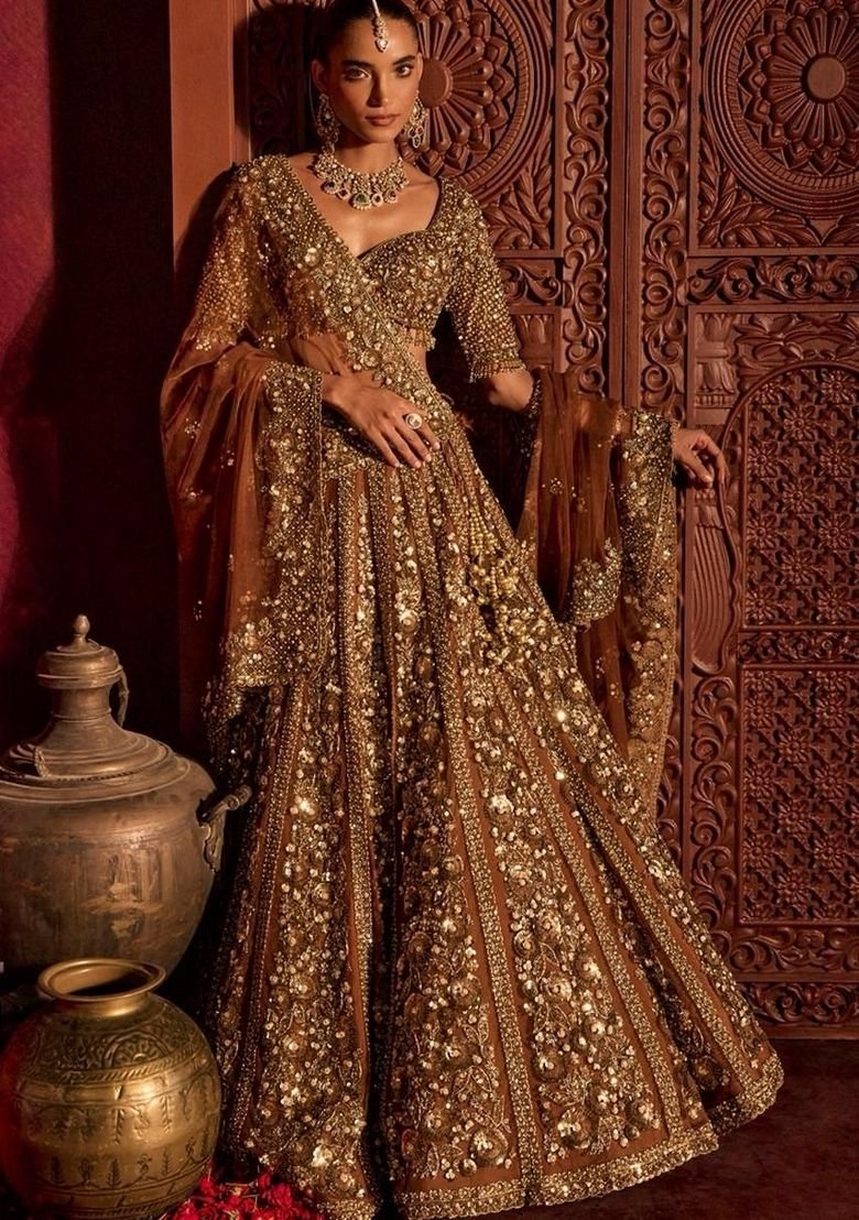 Brown Sequin Work Net Lehenga Set - Image 5