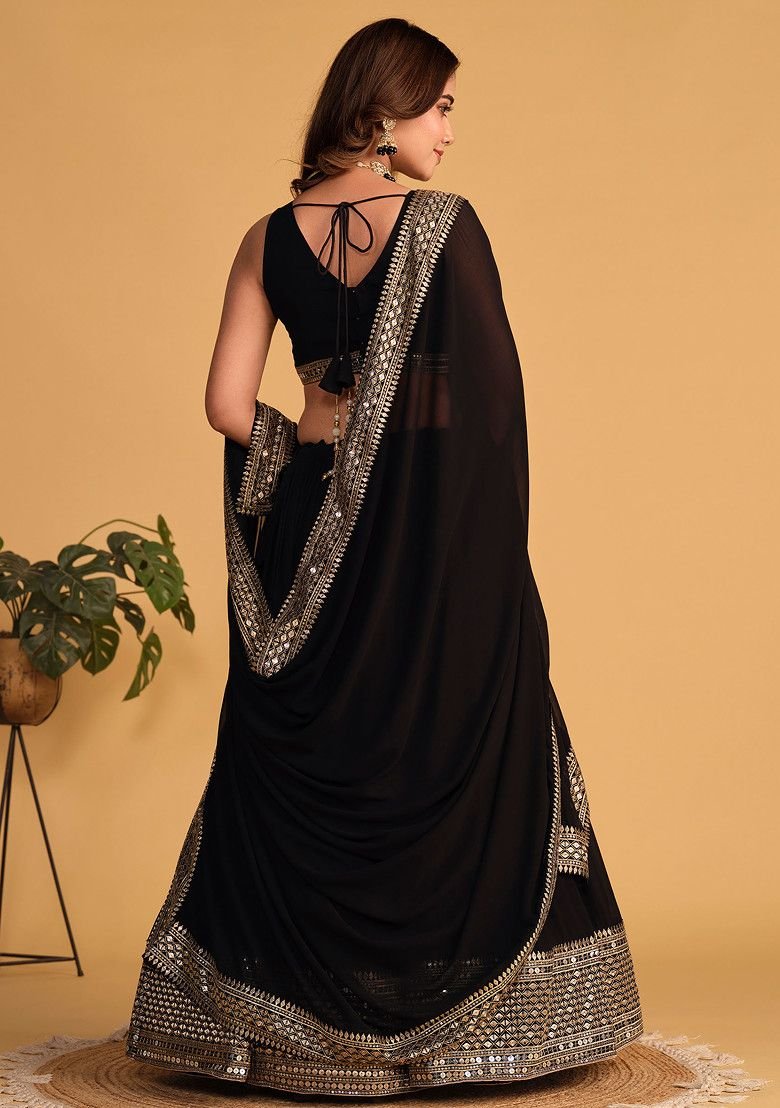 Black Sequin Thread Embroidered Georgette Lehenga Set - Image 2