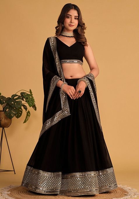 Black Sequin Thread Embroidered Georgette Lehenga Set - Image 4