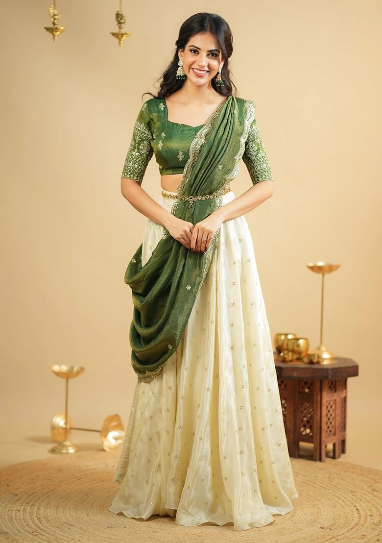 Green Embroidered Silk Blend Lehenga Set - Image 2