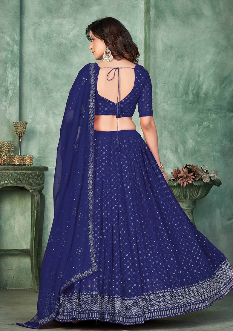 Navy Blue Embroidererd Georgette Lehenga Set With Dupatta - Image 2
