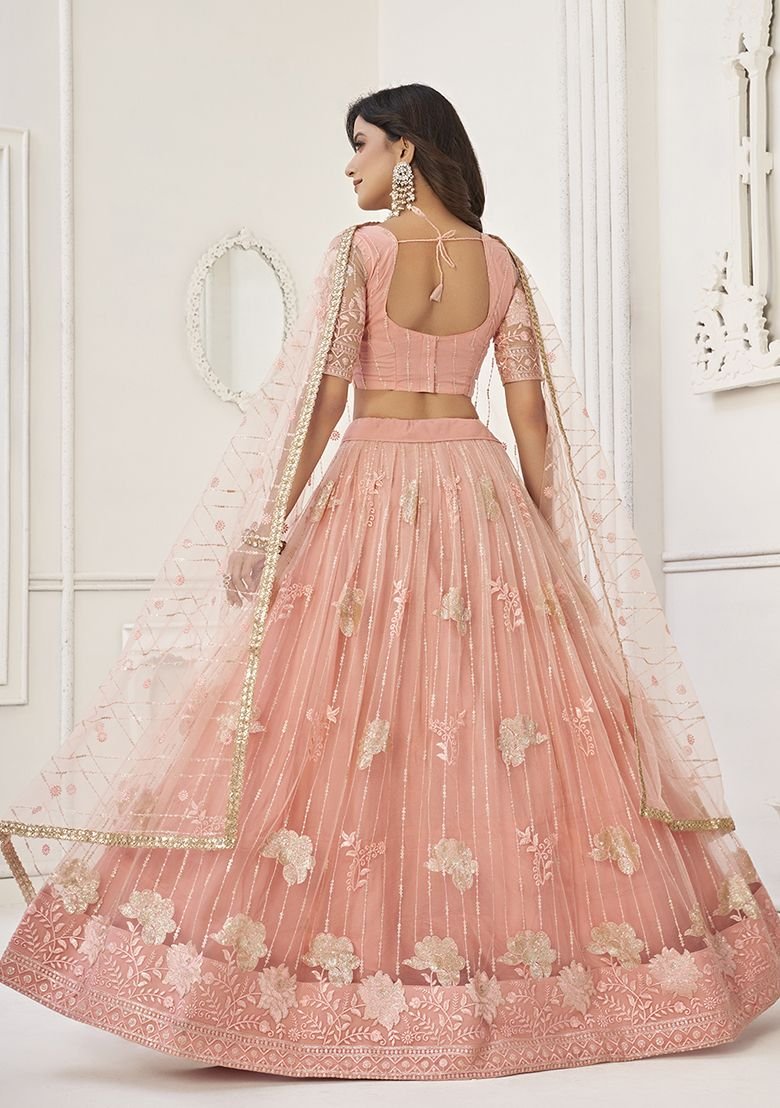 Peach Thread Sequin Embroidered Net Lehenga Set - Image 2