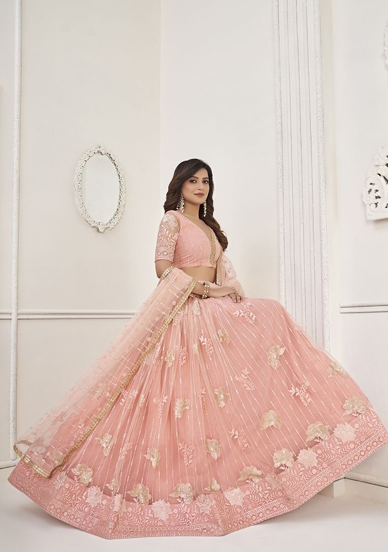 Peach Thread Sequin Embroidered Net Lehenga Set - Image 3