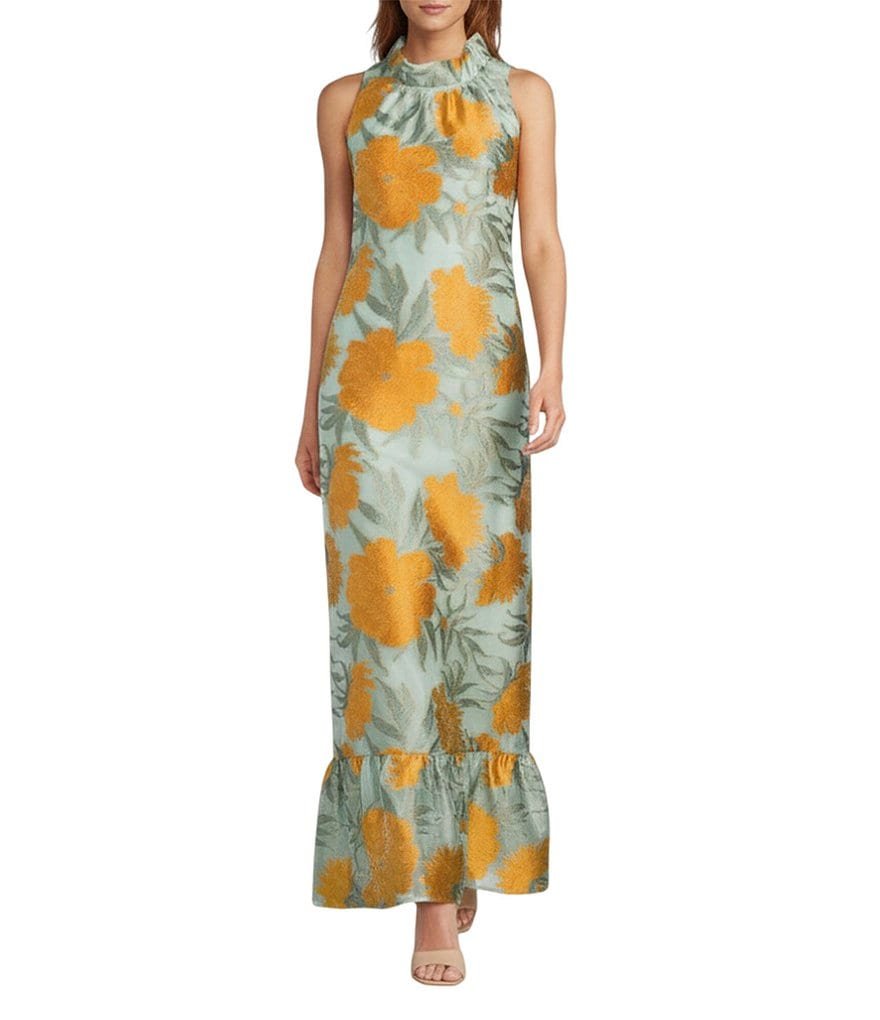 Camille Floral Print Ruffle Mock Neck Sleeveless Gown