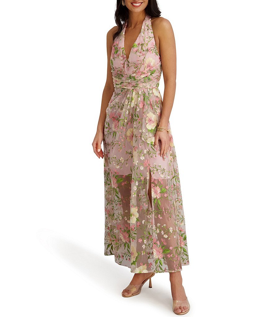 Embroidered Floral Mesh Deep V-Neck Long Dress - Image 3