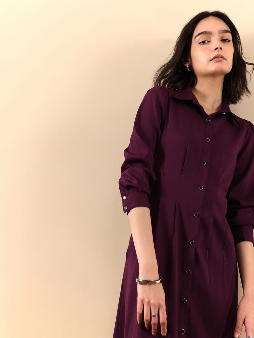 Button Down Shirt Dress - WineButton Down Shirt Dress - Wine - Image 2