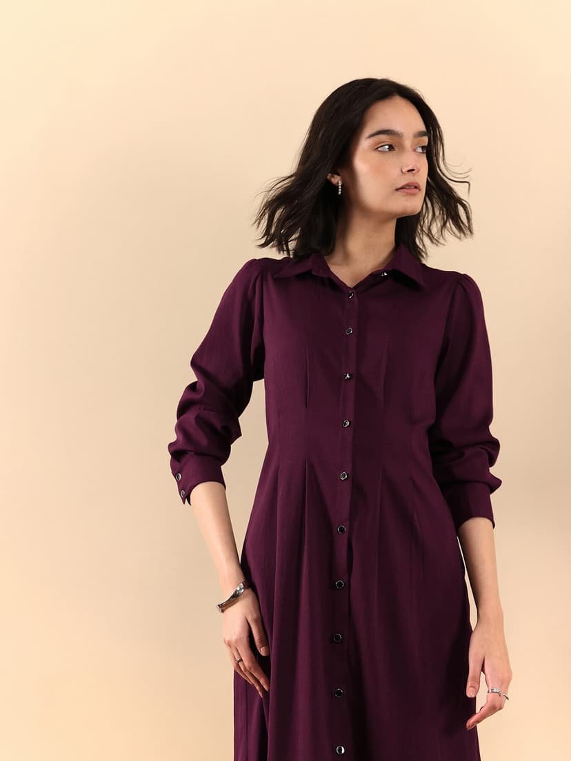 Button Down Shirt Dress - WineButton Down Shirt Dress - Wine - Image 3