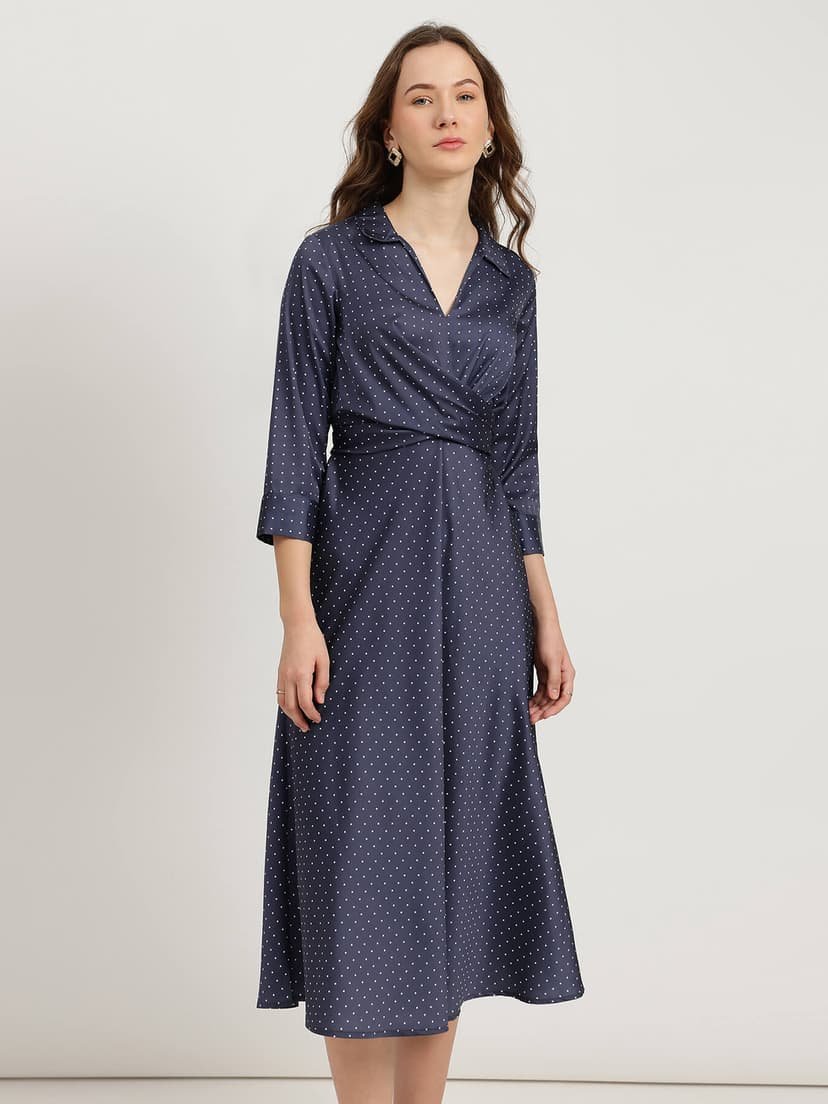 Satin Polka Dot Dress - Navy Blue