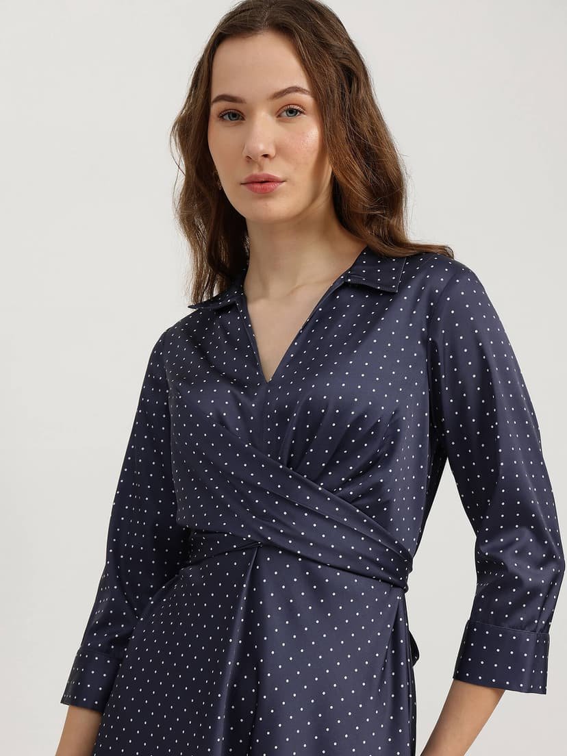 Satin Polka Dot Dress - Navy Blue - Image 2