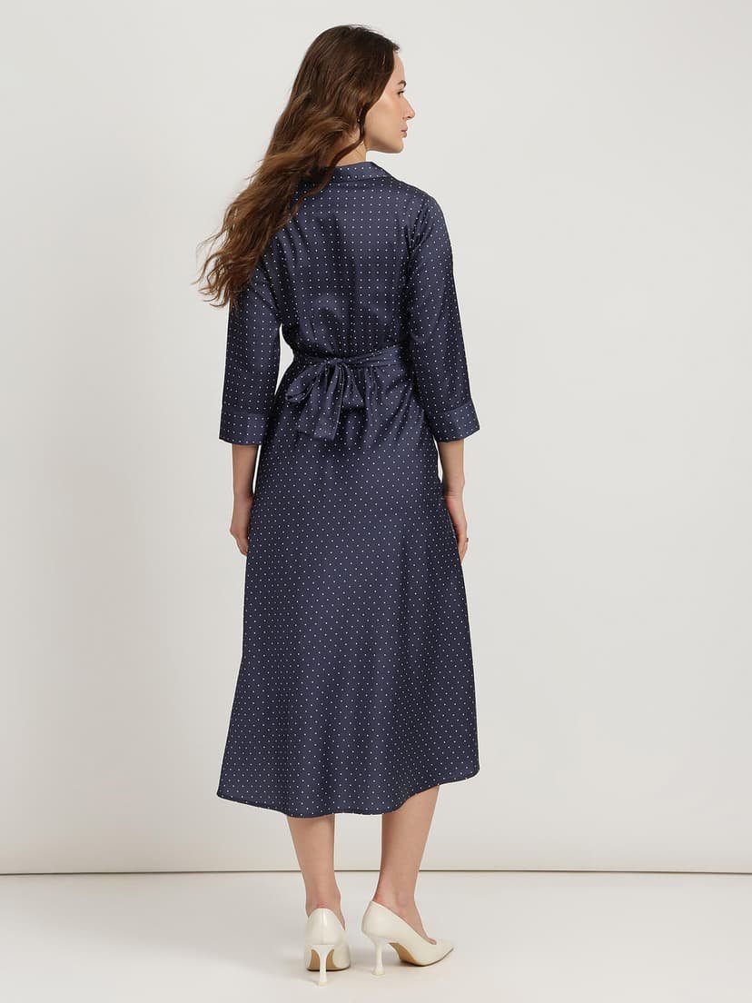 Satin Polka Dot Dress - Navy Blue - Image 3