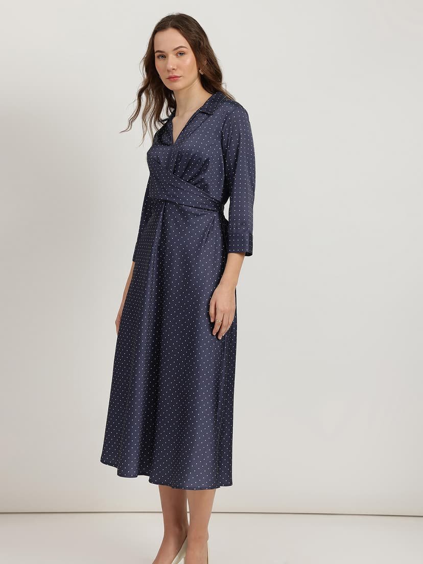 Satin Polka Dot Dress - Navy Blue - Image 4