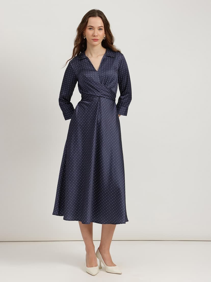 Satin Polka Dot Dress - Navy Blue - Image 6