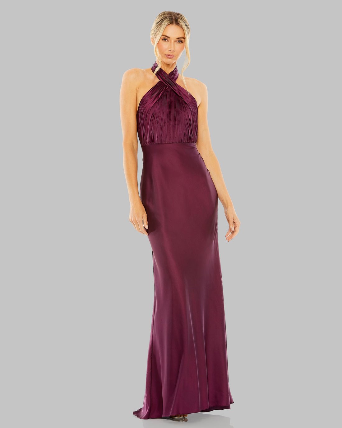 Purple Pleated Halter Neck Satin Gown - Image 3