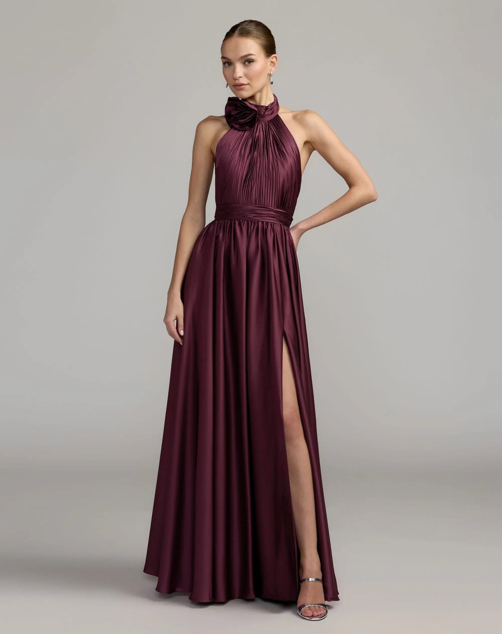Purple Pleated Halter Neck Satin Gown - Image 6