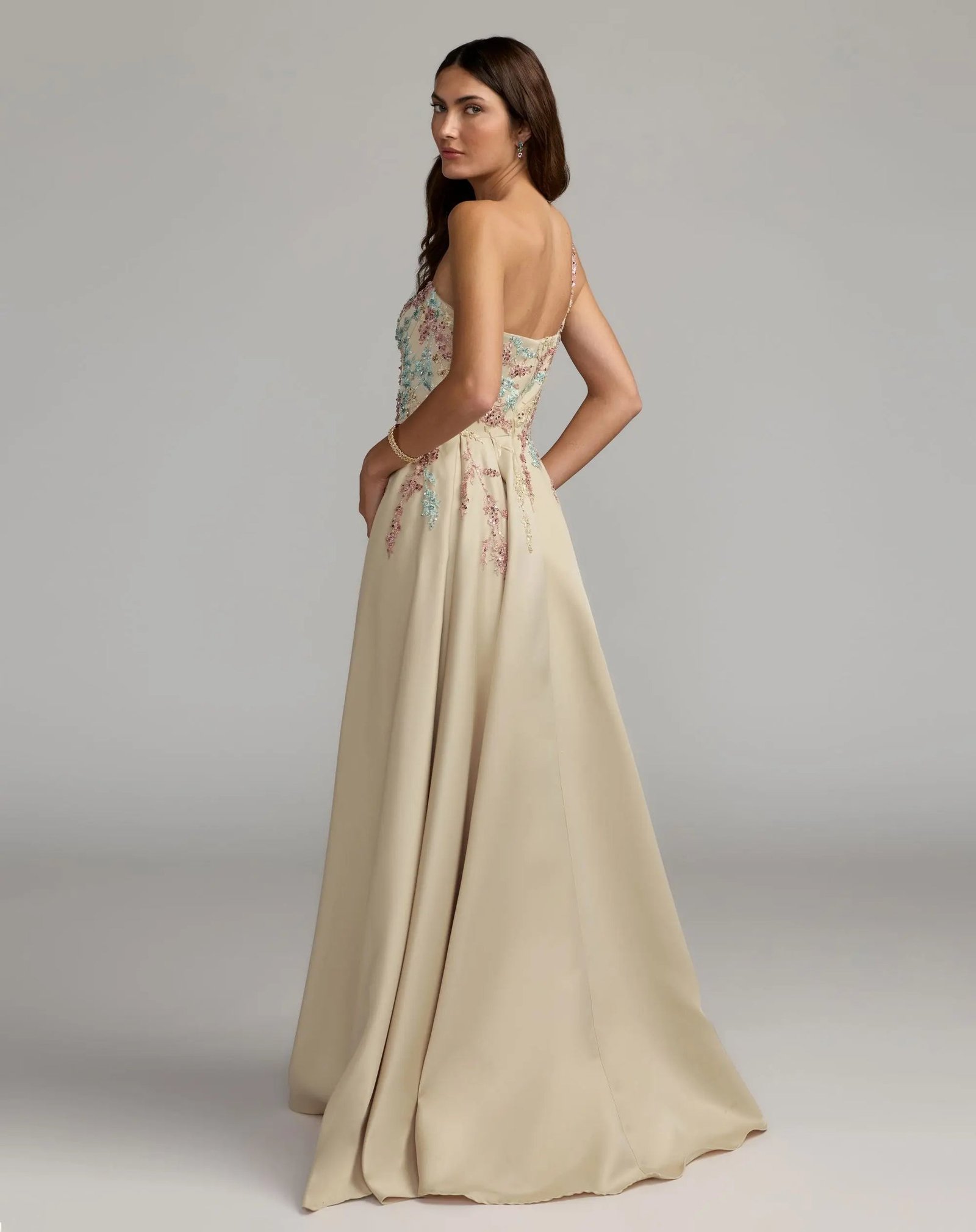 Beige One Shoulder Embellished Gown With Train - Image 3
