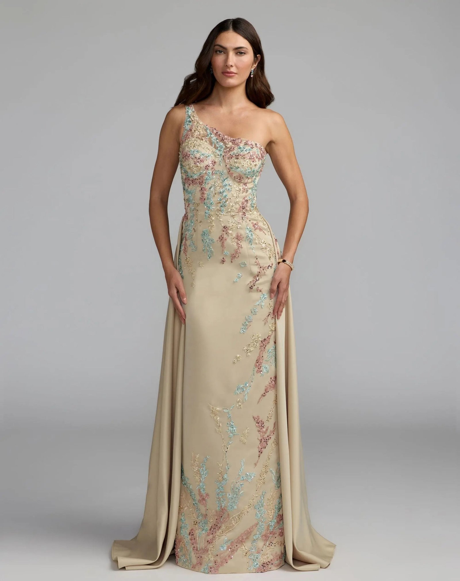 Beige One Shoulder Embellished Gown With Train - Image 4