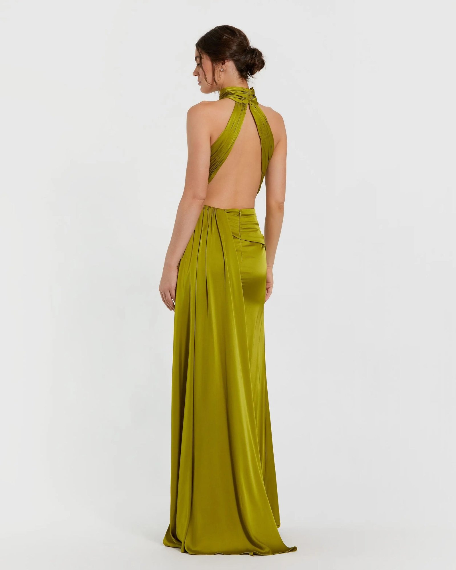 Petite Green Open Back High Neck Side Ruched Gown - Image 3