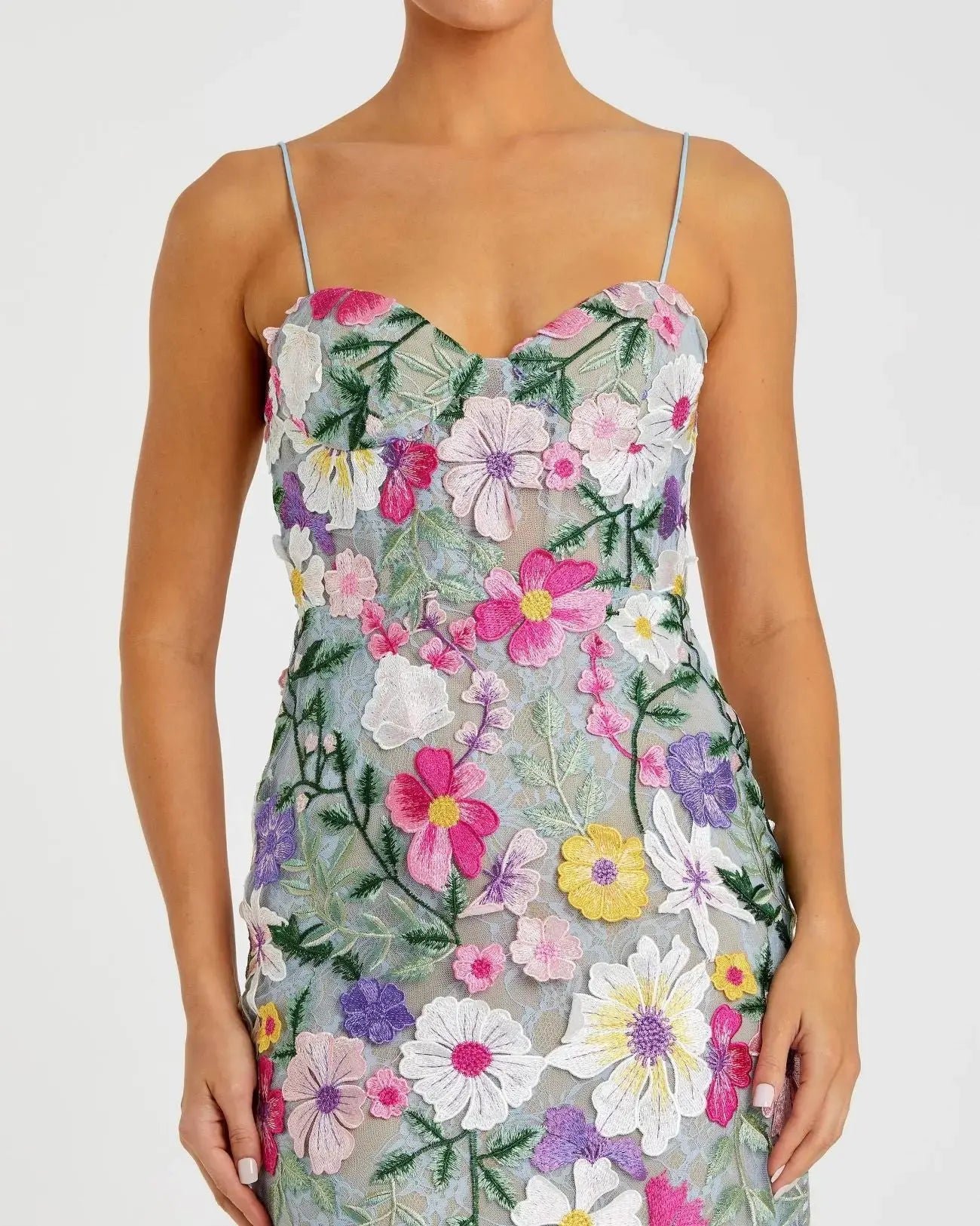 Petite Green Floral Embroidered Sleeveless Bustier Gown - Image 2