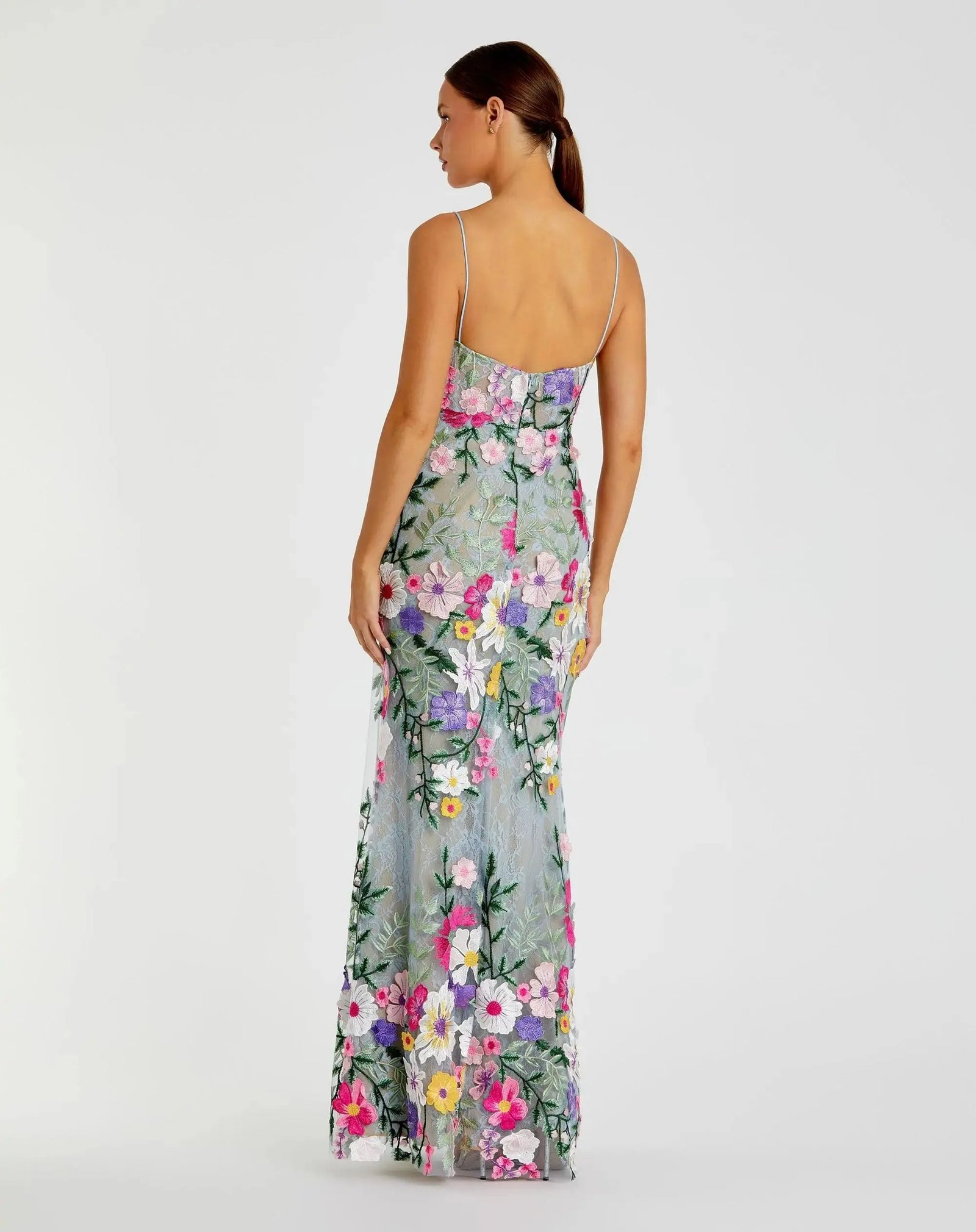 Petite Green Floral Embroidered Sleeveless Bustier Gown - Image 3