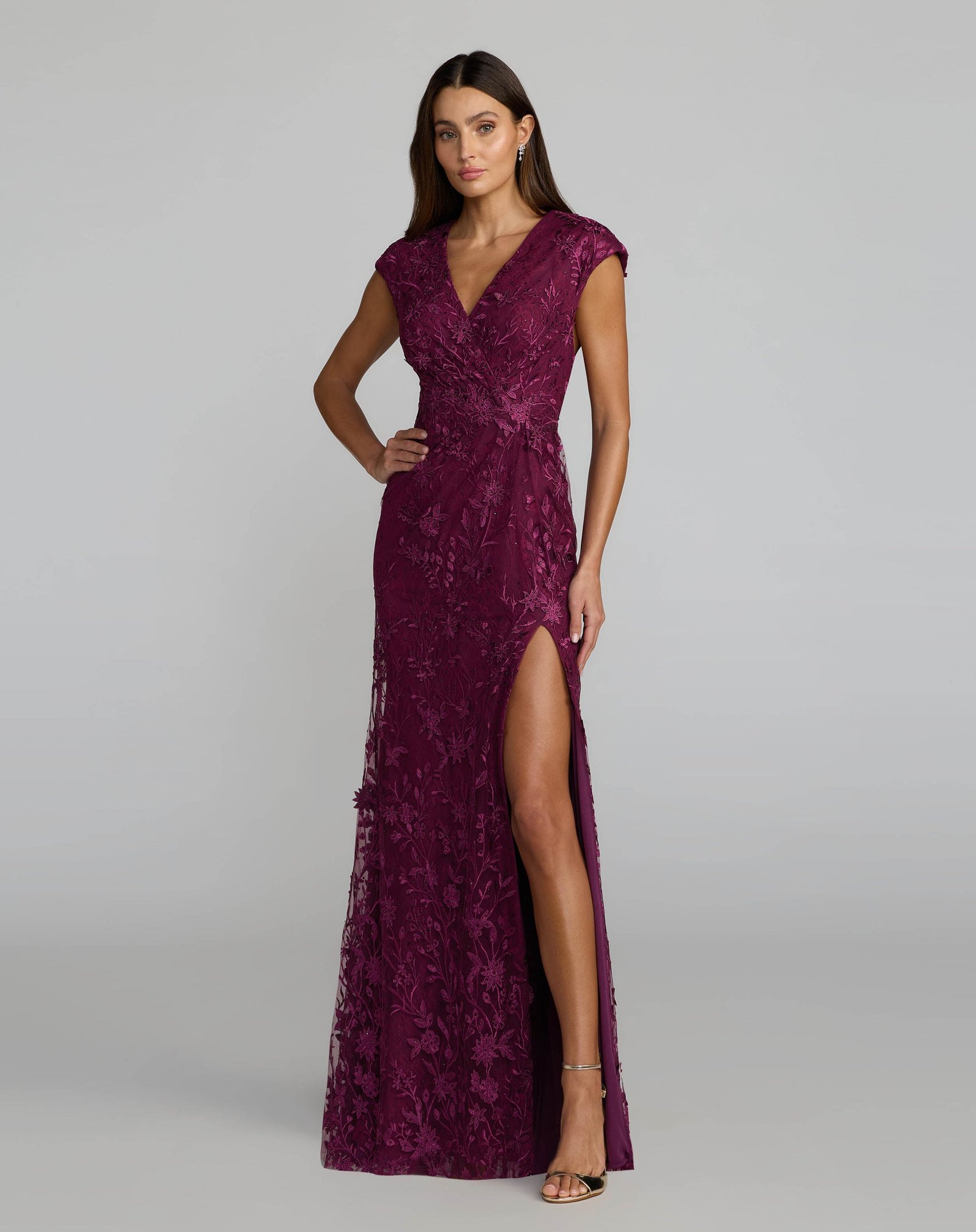 Purple Faux Wrap Embroidered Cap Sleeve Gown