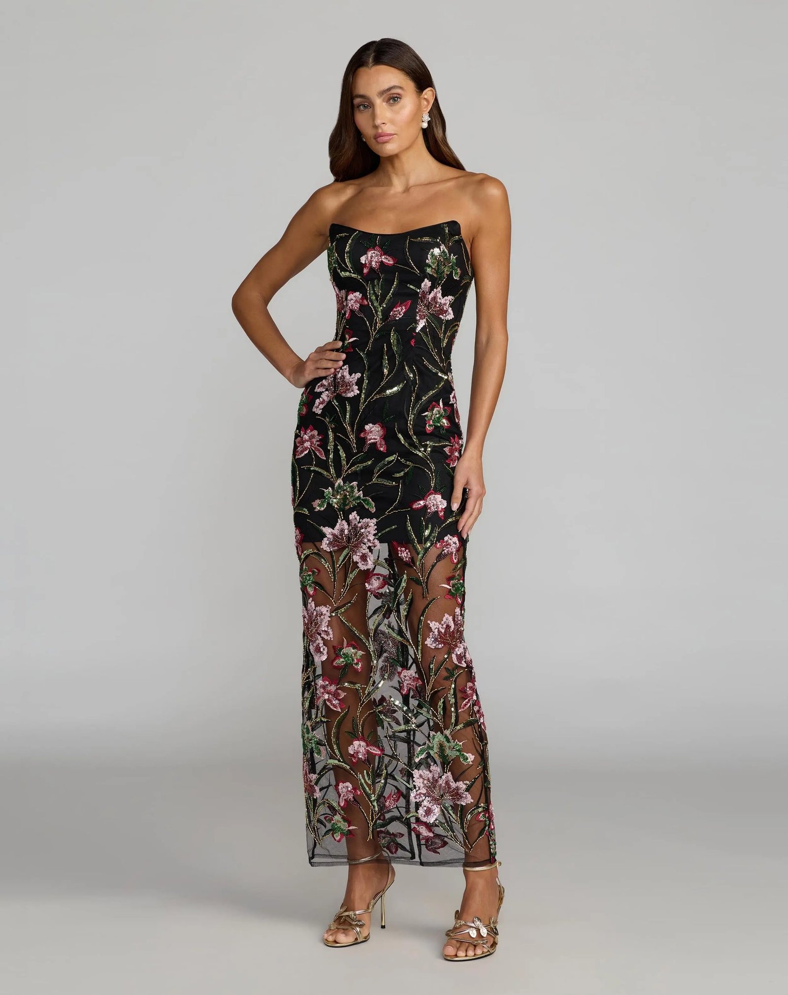 Black Strapless Floral Embroidered Column Dress - Image 3