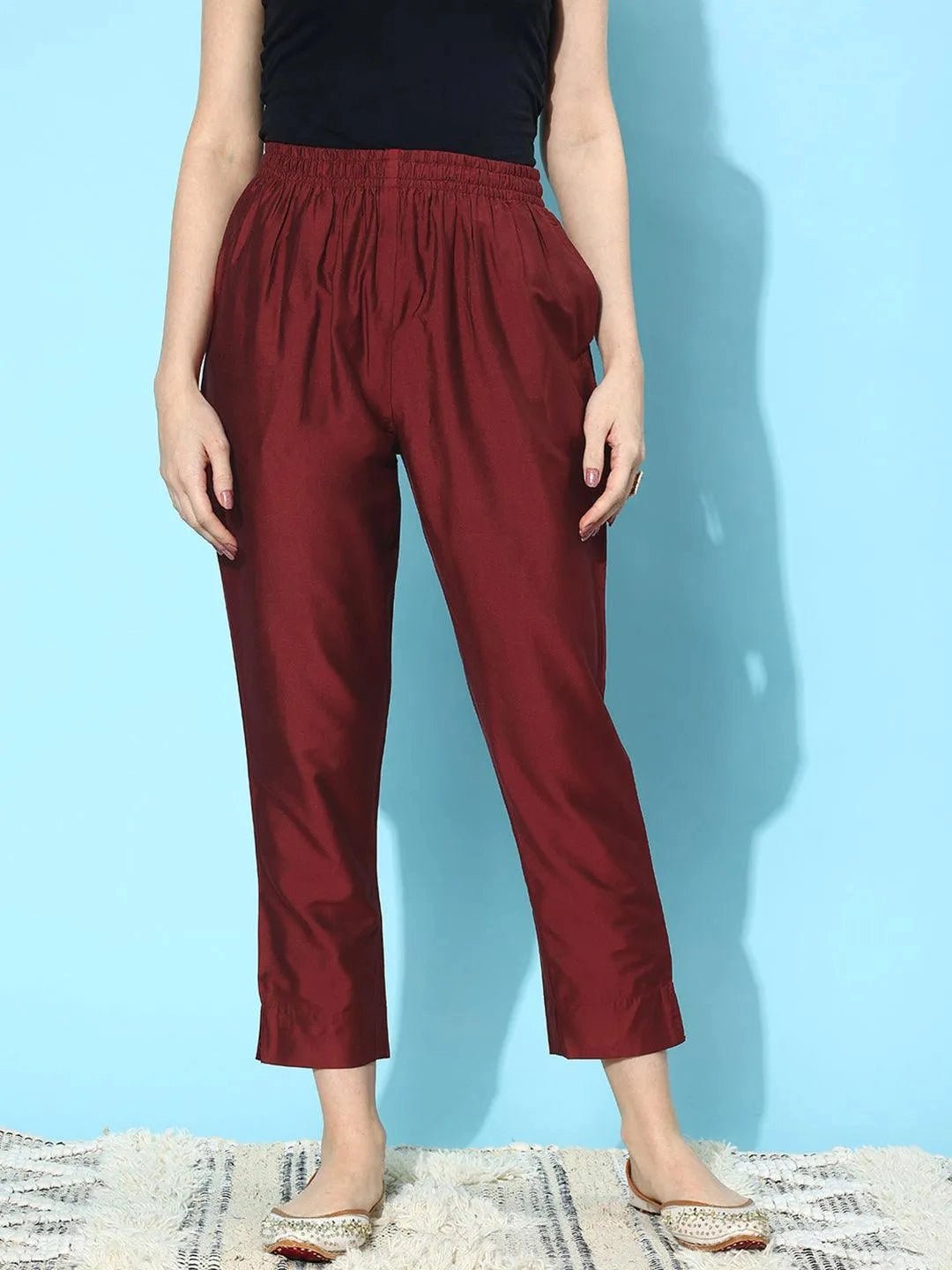 Libas Maroon Solid Silk Trousers