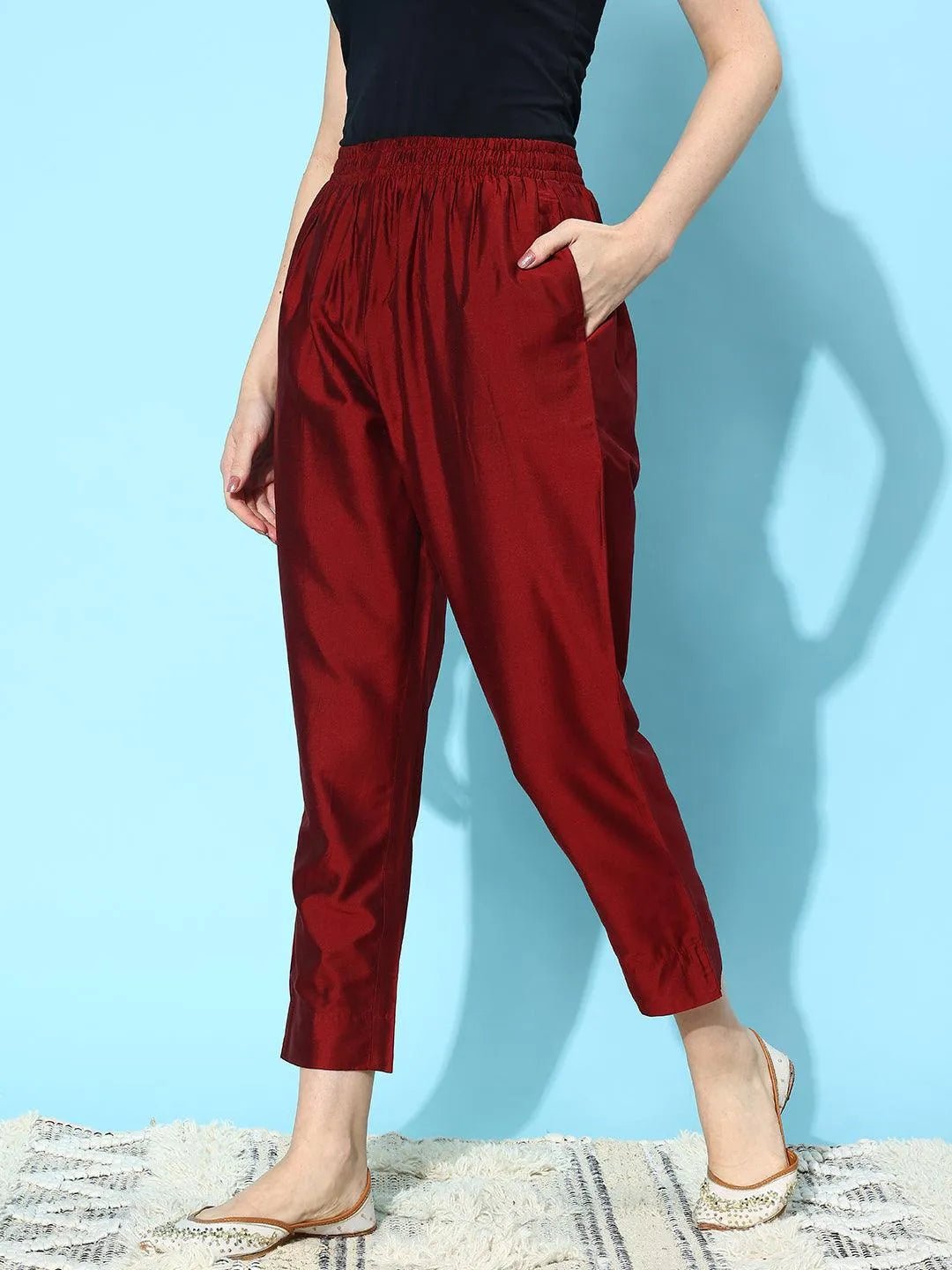 Libas Maroon Solid Silk Trousers - Image 2