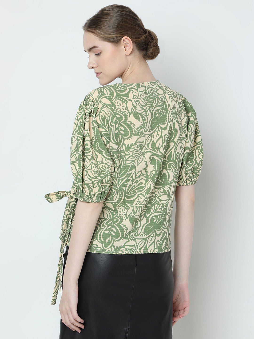 GREEN PRINTED TEXTURED WRAP TOP - Image 3