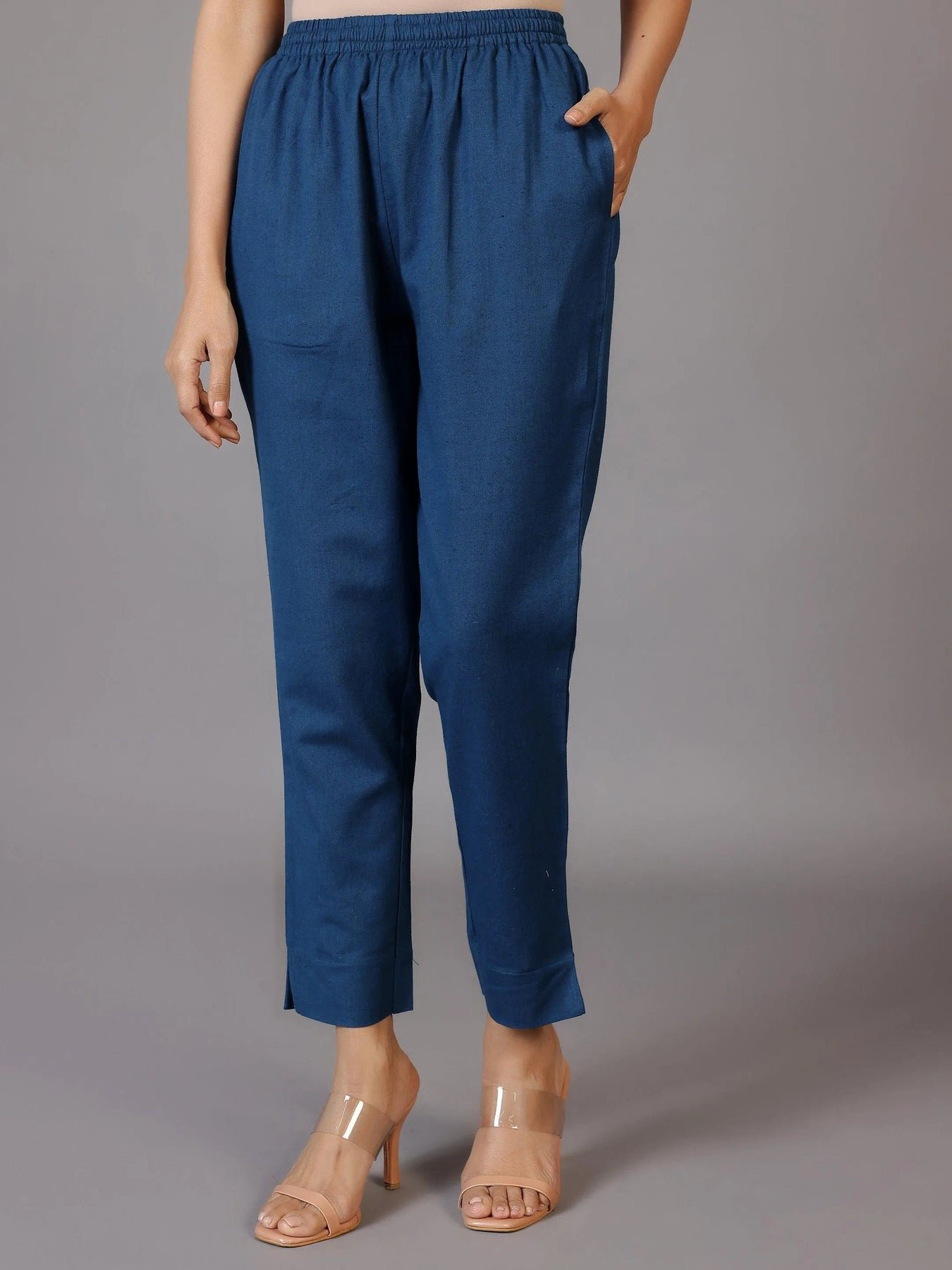 Teal Solid Cotton Trousers - Image 5