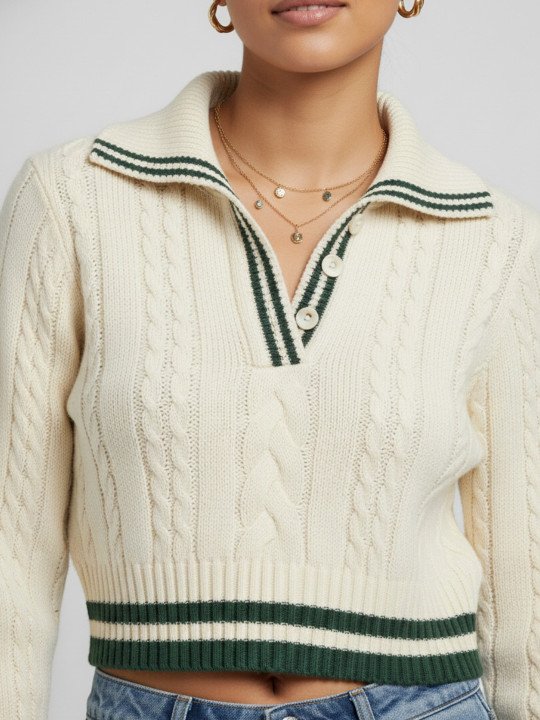 glitchez Women Cable Knit Varsity Crop Pullover - Image 2