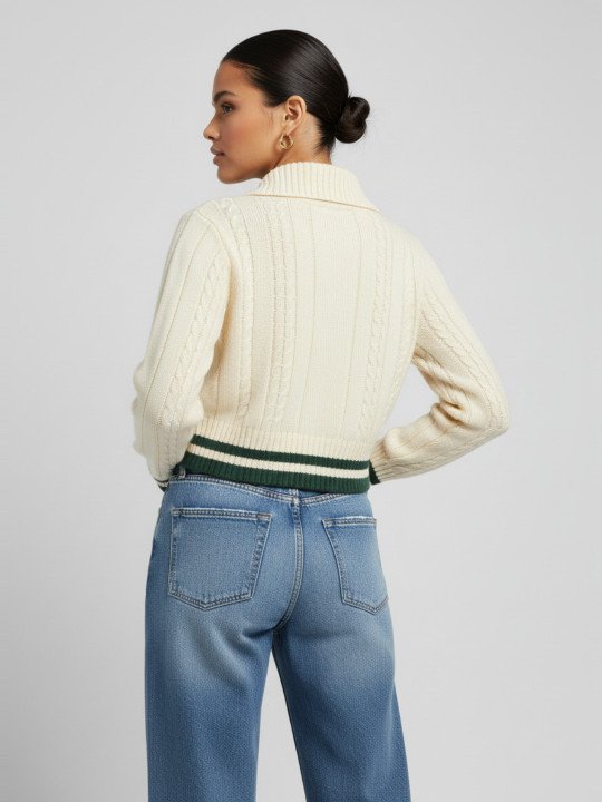 glitchez Women Cable Knit Varsity Crop Pullover - Image 3