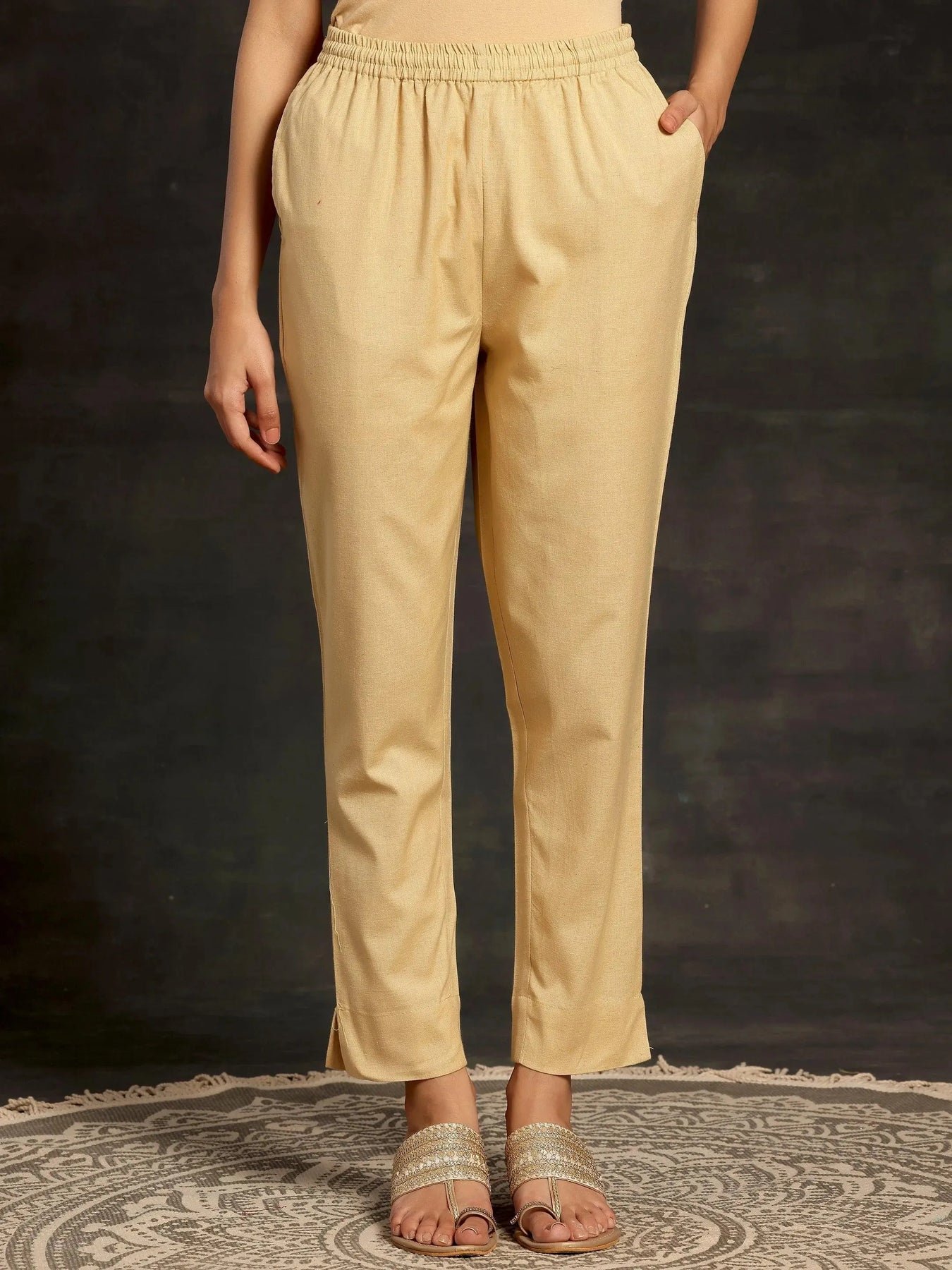 Cream Solid Cotton Straight Fit Trousers - Image 2
