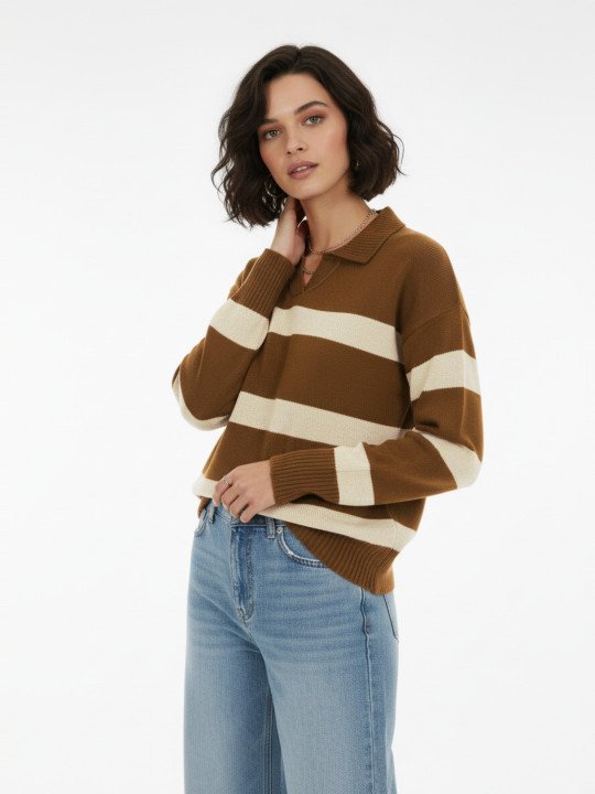 glitchez Self Striped Polo Collar Oversized Pullover