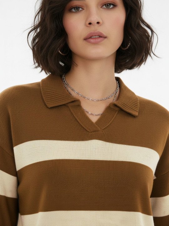 glitchez Self Striped Polo Collar Oversized Pullover - Image 2