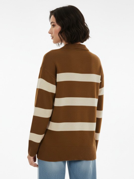 glitchez Self Striped Polo Collar Oversized Pullover - Image 3