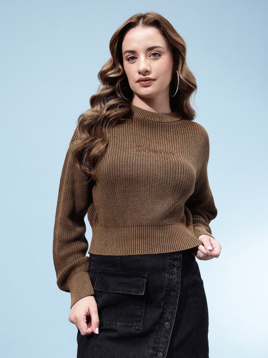 glitchez Ribbed Typography Drop Shoulder Sleeves Crop Oversized Pure Cotton Pullover - Image 3