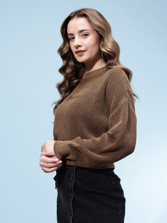 glitchez Ribbed Typography Drop Shoulder Sleeves Crop Oversized Pure Cotton Pullover - Image 4