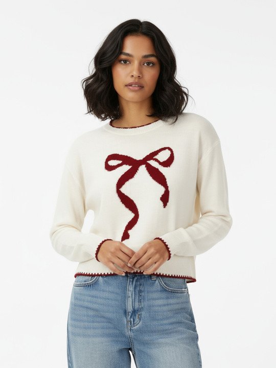 Bow Self Design Oversized Pullover with Contrast Edges
