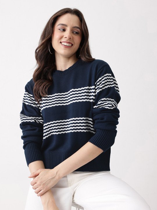 Horizontally Self-Striped Acrylic Pullover