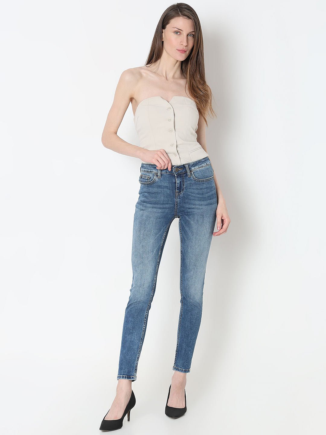 BLUE MID RISE SKINNY JEANS - Image 5