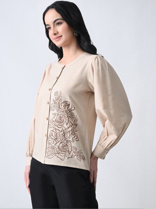 Floral Embroidered Puff Sleeve Cotton Top - Image 3