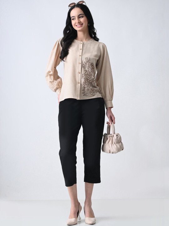 Floral Embroidered Puff Sleeve Cotton Top - Image 5